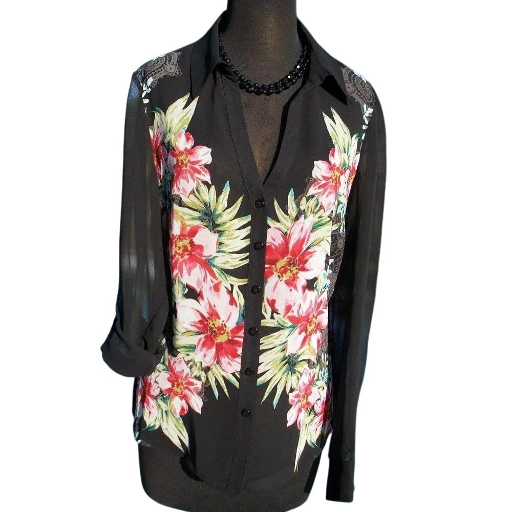 Cache Black Sheer Illusion Adjustable Cargo Sleeves Floral Top New $118 NWT